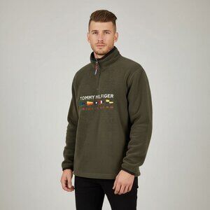 Vintage Tommy Hilfiger Green SAILING GEAR Embroidered Flags Zip Fleece Small